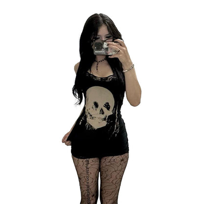 Women's Halloween Themed Skull Print Contrast Lace Bodycon Cami Dress, Street Fashion Casual Sleeveless Mini Dress for Party Club Wear, Ladies Clothes for Fall